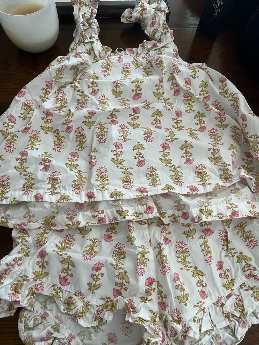 Piyama Cotton Floral Ruffle Pajama Set - White with Pink & Green Print